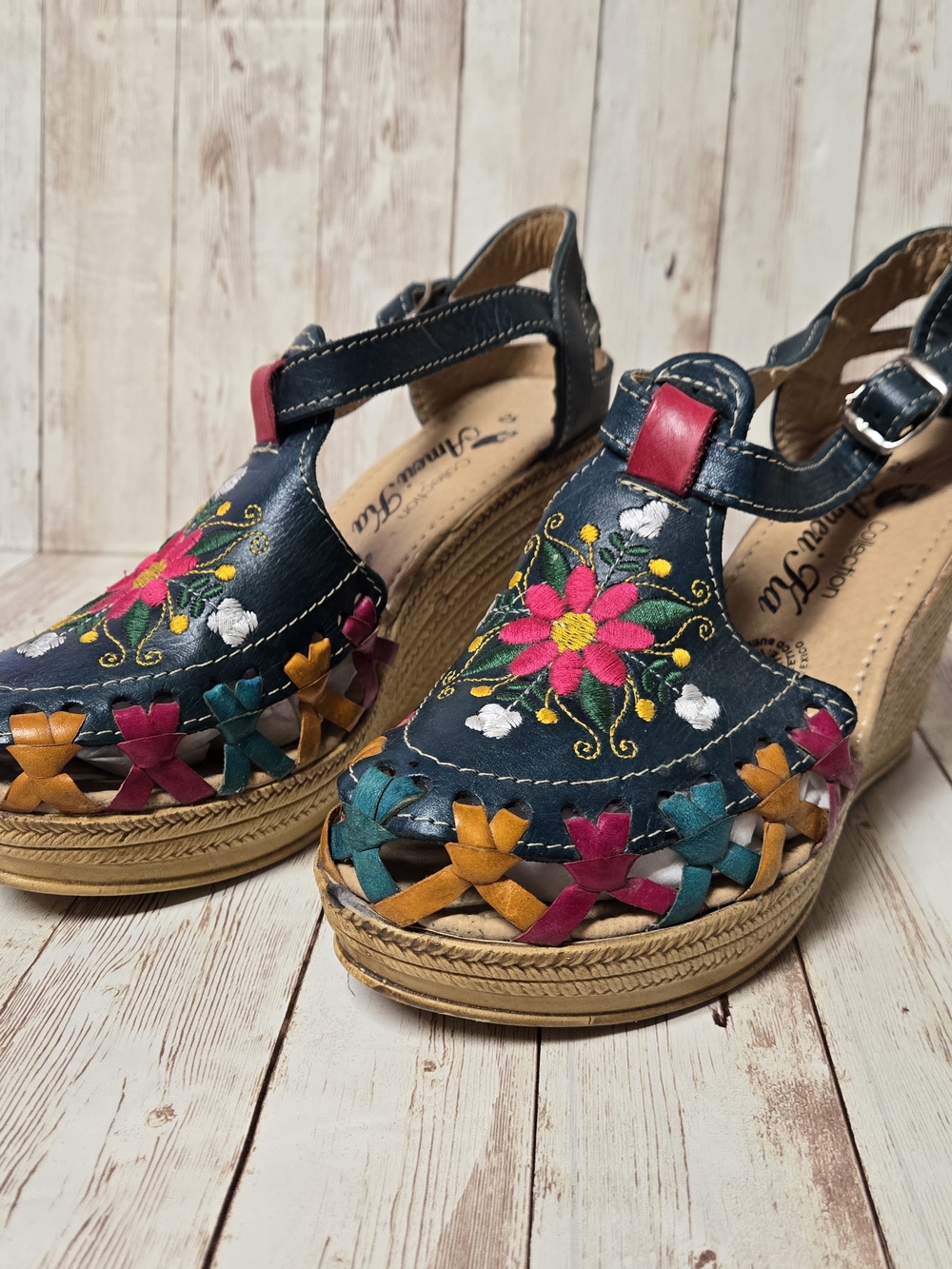 AmeriKa Collection Teal Embroidered Boho Espadrille Wedge Sandals Sz 25 (US 8) - Picture 3 of 16